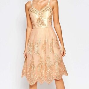 Chi Chi London Gold Embroidered Tulle Dress